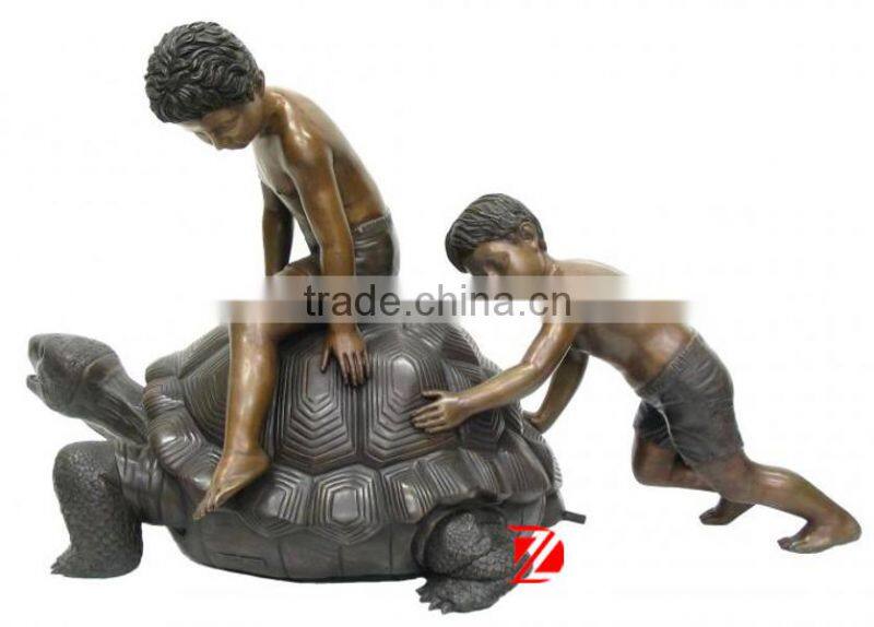 garden decorative bronze boy statues sitting on tortoise sculpture