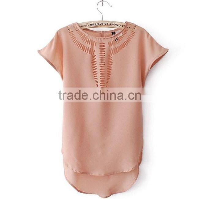NEW 2015 summer Women's Clothing Blouses Shirts Chiffon Front Hollow Out Vintage Short Batwing Sleeve Shirt Top 6 Colors