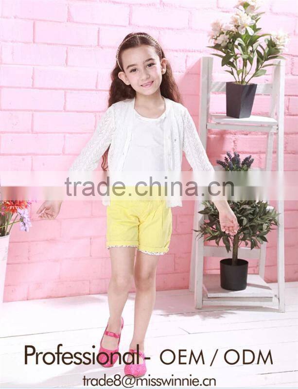 fashion children clothing sets sleeveless cotton white top and yellow cotton short pants for 2-12 years old girls