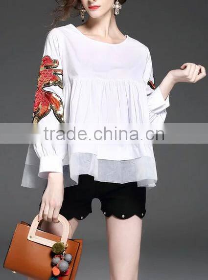 2017 summer newest fashion round neck long sleeve blouse with patch on sleeve
