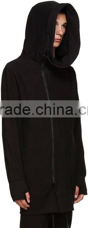 Long sleeve hoodie Structural wire at hood perimeter Asymmetrical zip closure Welt side pockets Rib knit cuffs and hem