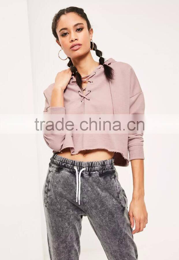 Purple Lace Up Cropped Hoodie With Gym Leggings Custom Plain Lazy Days Lovely Hoodie Raw Hem Vintage Style