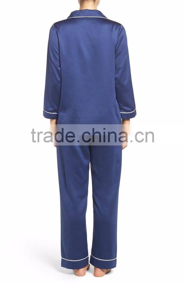 Hot Sale Women Long Pajamas Set Long Sleeve Button Top With Long Pants White Piping Pyjama Set Navy Blue
