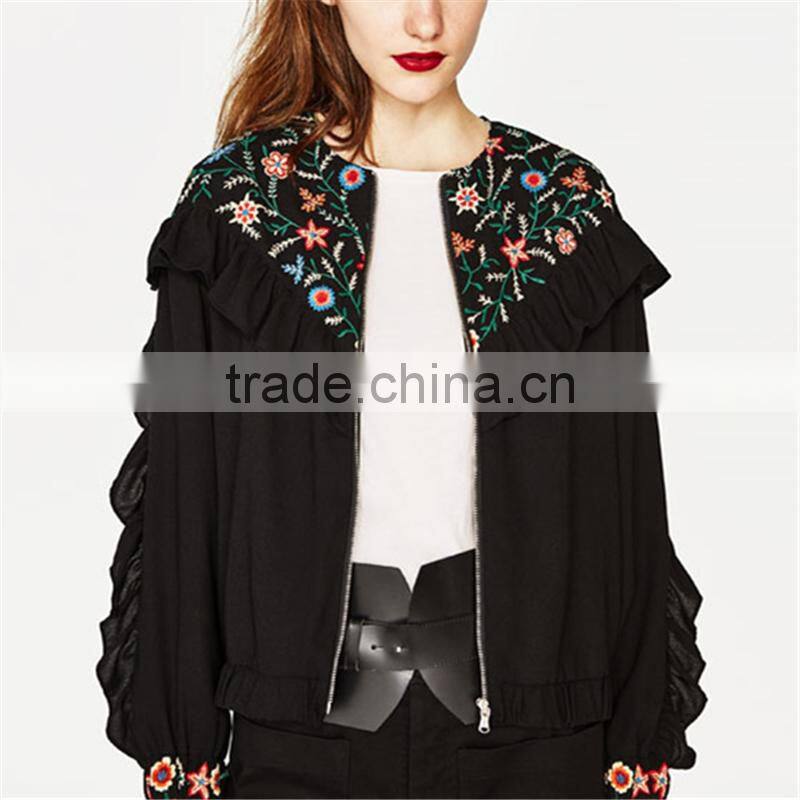 2017 custom designs women round neck embroidered jacket with frills