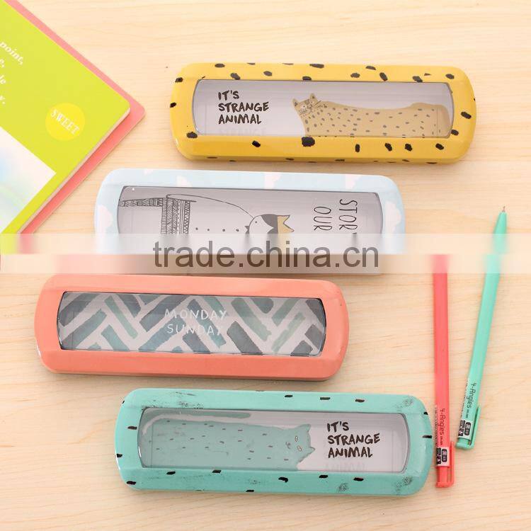 R1955H creative kawaii animal fruit pattern Iron Metal Transparent window Pencil Case box for pen Stationery Style Kids Gift