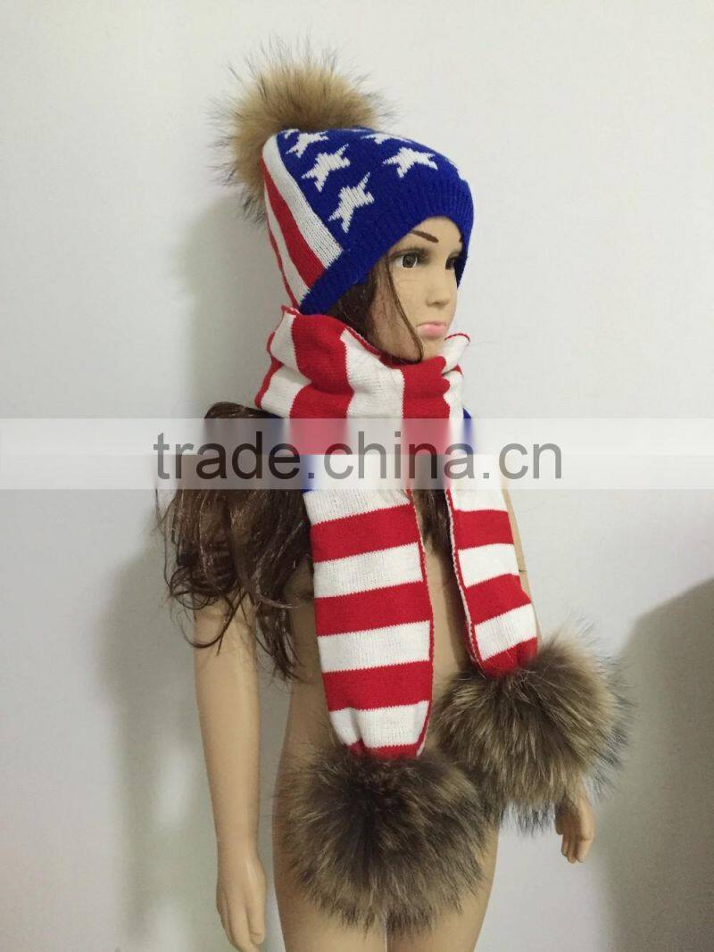 British and American style fashion beanie hat and scarf set with natural big raccoon fur ball decorate