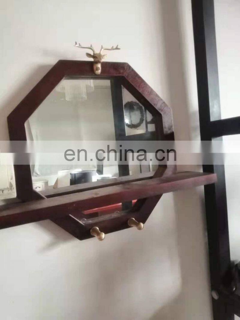 Wall Mounted hexagon mirror with customized color wooden frame Hanging Storage Display makeup mirror shelf Wall Decor
