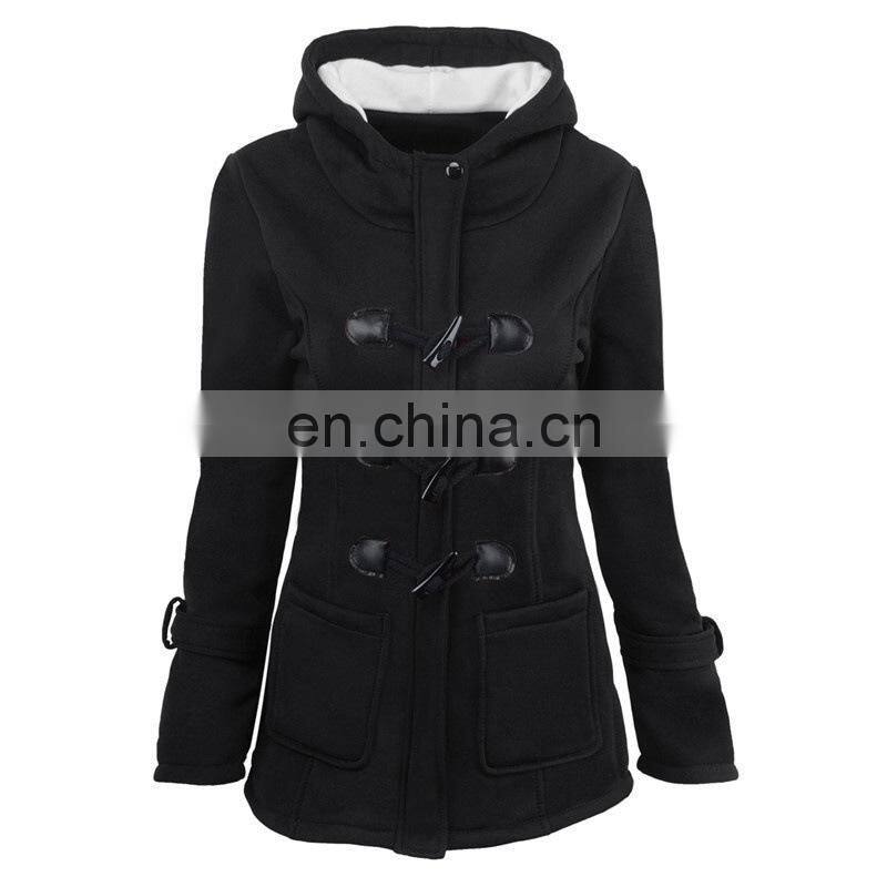 Manufacturer wholesale hooded mid-length women's coat with horns buckle plus size coat