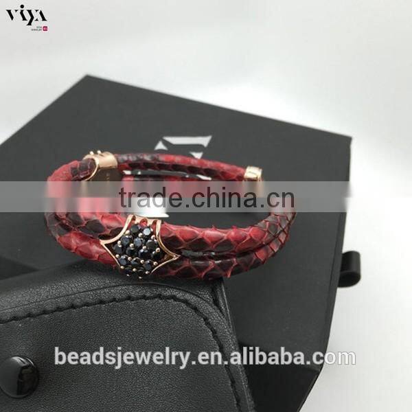 2016 New Custom Men Double Leather Stingray Rose gold Black Stone Bracelet