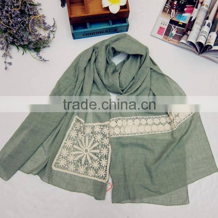 2016 New Large Plain Embroidery Cotton Linen Ladies Fashion Scarves