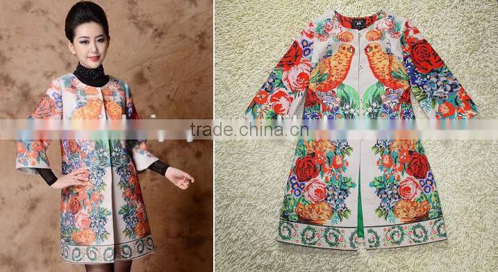 2014 Autumn & Winter High-end runway woolen plus size parrot printed coat women
