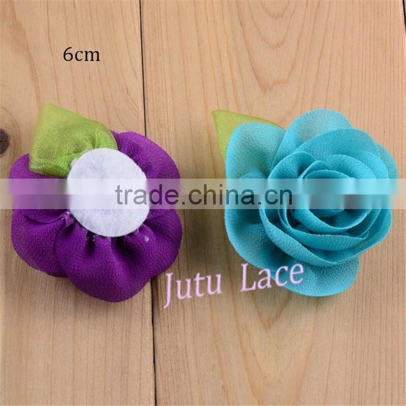 Francy Baby Kids Hair Accessories 30Colors Mini 6cm Craft Chiffon Fabric Flower with Leaf -handmade artificial decorative flower