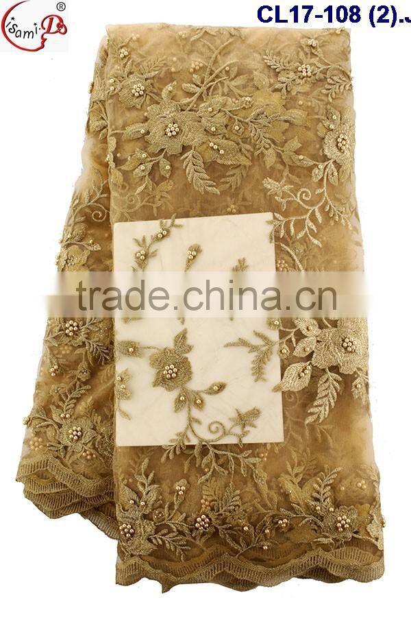 CL17-108 high quality embroidery mesh lace african french beaded net lace fabric with beads