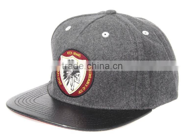 applique snapback cap with flat leather brim red under brim wholesale