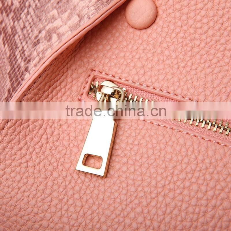 Wholesale fancy nice look pink snake skin pattern genuine leather handbag