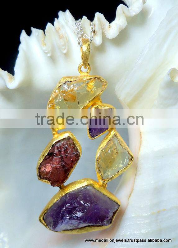 Kyanite Amethyst Citrine & Garnet Rough Gemstone Pendant, 925 Solid Sterling Silver Pendant, Designer Raw Bezel Pendant