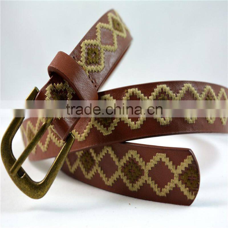 manufacturer antique brass buckle geometric embroidered pu leather belt for women