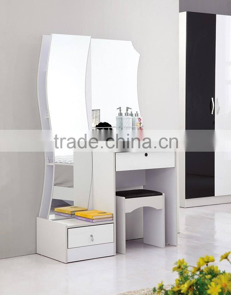 Simple wooden mirrored dressing table/dresser with drawers and stool for bedroom furniture