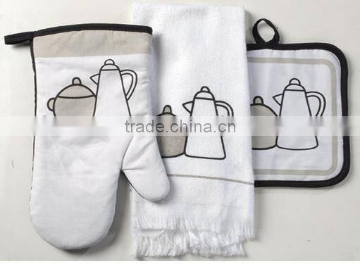 3 pcs silk screen print cotton kitchen towel set oven mitten set