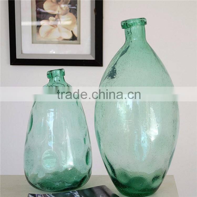 Wholesale Home Decoration Green Clear Tall Glass Vase Handmade Bubble Process Glass Flower Bottle