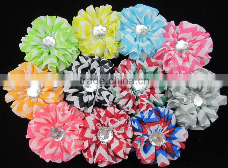 HOT 2.4" Chiffon Chevron Flowers with Clear Stone in Center for Kids Hair Accessories IN STOCK