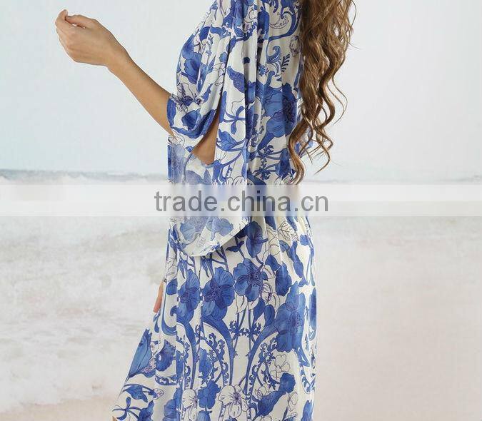 Womens Fashion Blue White Porcelain Beach Dress Vintage Retro Fashion Casual Swimsuit Bikini Cover Skirt