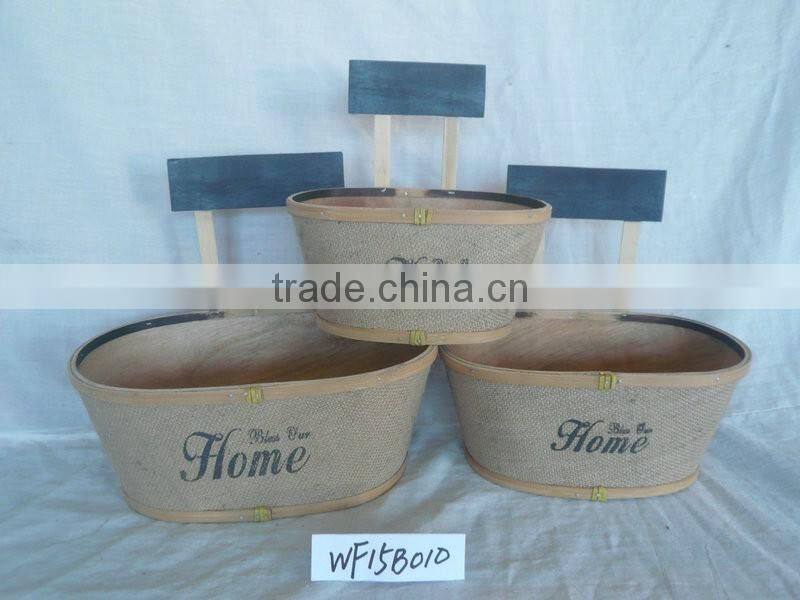 triangle wood flower pots decorated with blue wooden sign