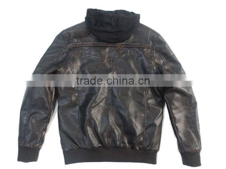 PQM-04 Garment wash PU jacket with hood for men
