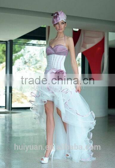 white and pink combine spaghetti strap short front long back wedding dress