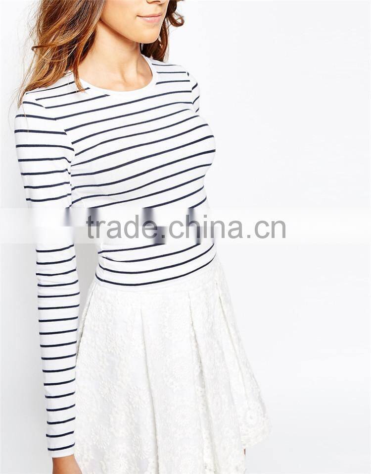 Long sleeve black and white stripe t shirts for women