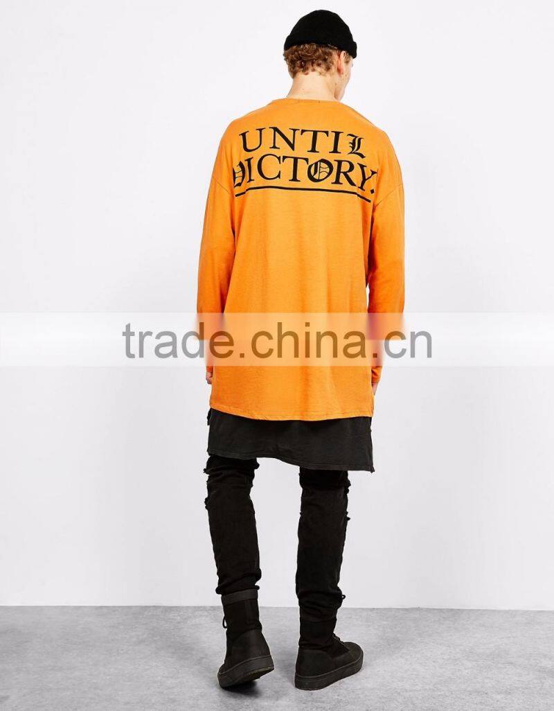 2016 Christmas Long Sleeve T-shirt Wholesale Orange Big Size Apparel Custom Made Mens Over Size Longline Tshirts