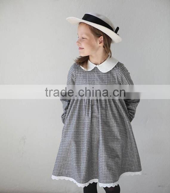 high quality Autumn Winter checkered tweed dress long sleeve girls wool dress 3-5 year old girl dress