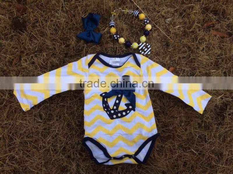 2015 baby girls yellow chevron navy dot anchor cotton romper with matching necklace and bow set
