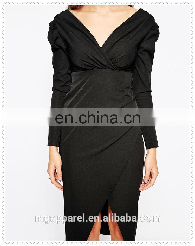 fashion women cheap sexy long sleeve V-neckline frill shoulder pencil skirt midi dress