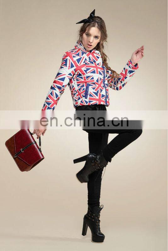 english flag printed short length stand collar oblique zipper down coats for elegant girls