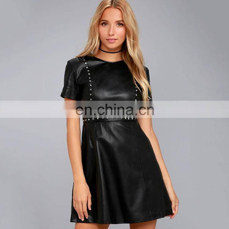 women clothes skater dress fashion black leather mini dress for ladies