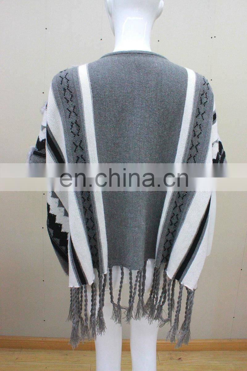Vintage Style Rabbit Fur Knitted Shawls Fashionable Knit Shawls With Tassel Stylish Knitting Cape Poncho