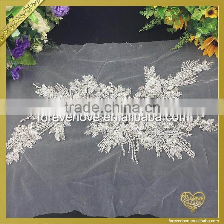 Lace Base Sew On Rhinestone Pearl Beaded Appliques Bridal Wedding Dress Appliques FHA-058