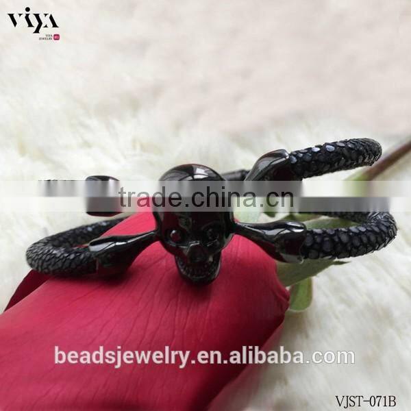 2016 New Coming Stingray/ Python Leather Genuine Leather Bracelet With Skull Clasp Made In China