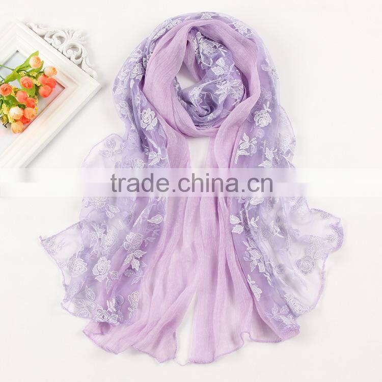 Korea Lady Fashion Flower Embroidery Double Layered Lace Chiffon Scarf