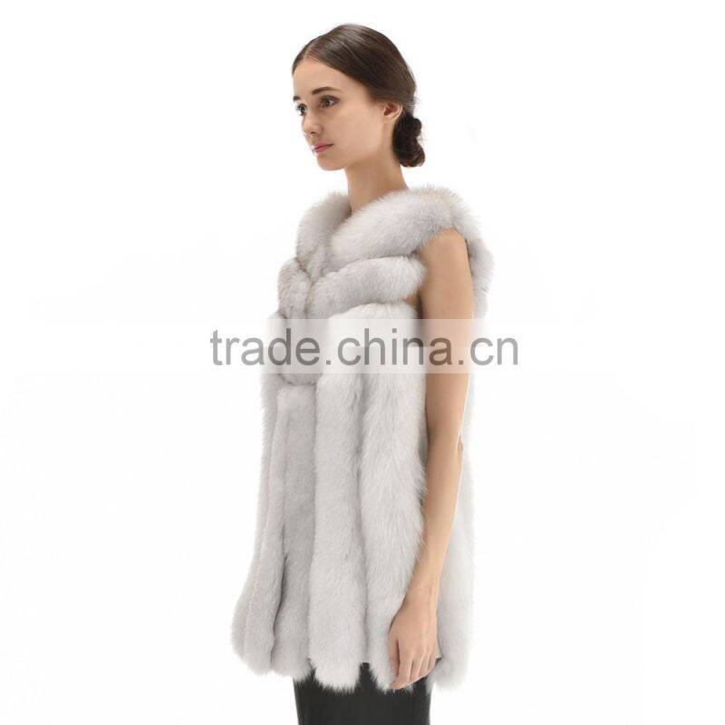 New Arrival Long Style 2015 Luxurious Whole Hide Big Bar Real White Fox Fur Vest With Trimming