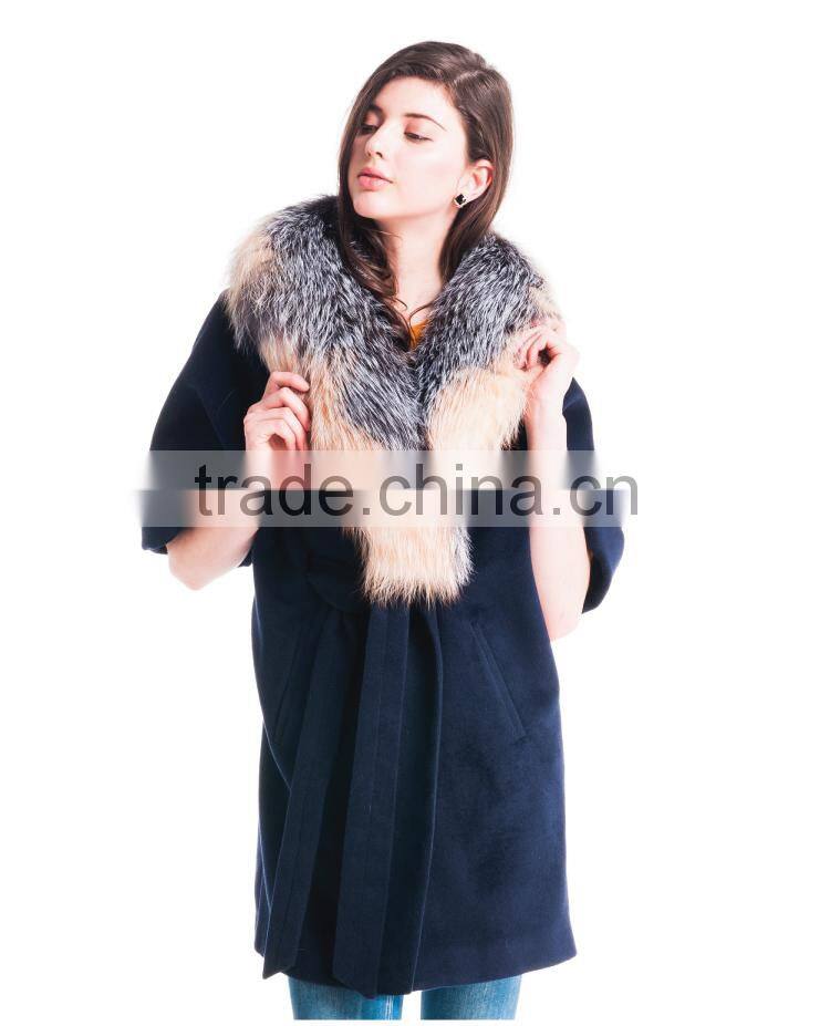 Autumn and winter length seven points women coat with silver fox Fur collar cashmere overcoat