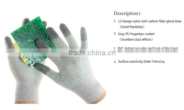 carbon fiber ESD PVC Dotted glove PU Fingertips Coated non-slip properties