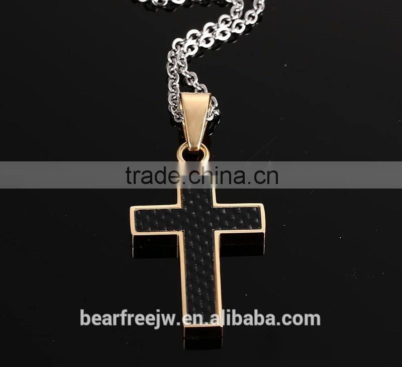 Stainless Steel Carbon Fiber Cross Pendant Necklace High Polished with Free Chain Silver Gold