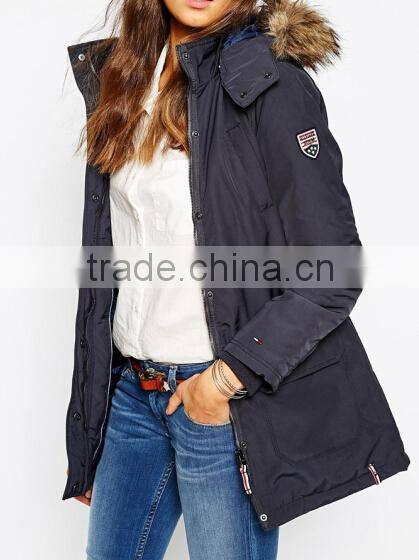mid-long hooded womens padded coat with fur trim