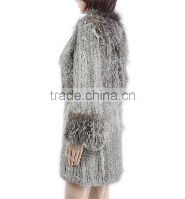 High quality knitted fur coat with rabbit/silver fox fur/high fashion fur style for ladies KZ150105