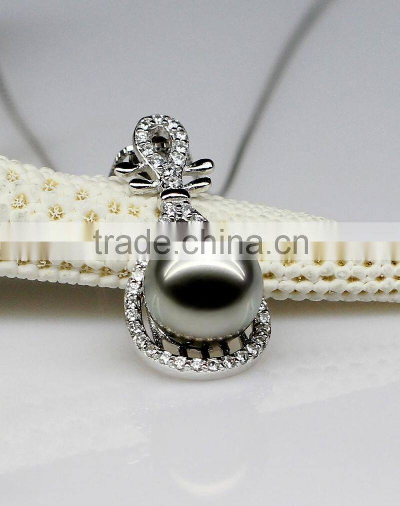 Beautiful Chinese Lute shape Tahiti AAAA Top Qualtity Round Black 10-11mm 925 silver Sea Pearl Pendant