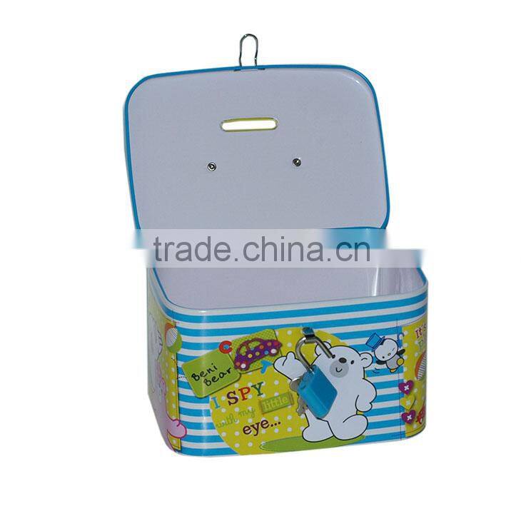 Tinplate money bank with handle and lock
