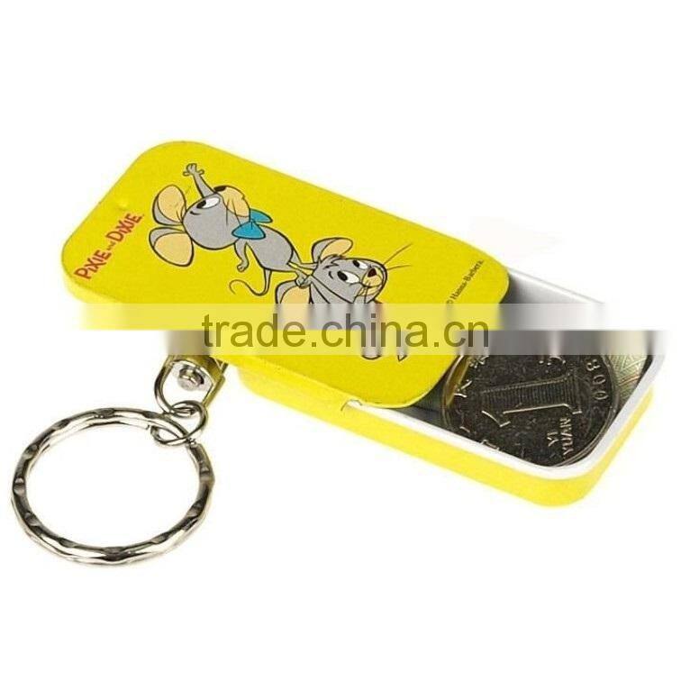 promotional cartoon decoration small tin box with sliding lid coin holder key chain wholesale