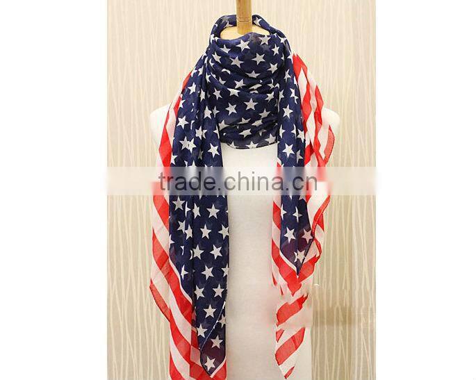 2014 New Fashion American Stars and Stripes Flag Fluffy Stylish Women Chiffon Scarf Wholesale